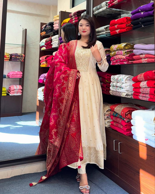 Most Attractive Banana Silk Anarkali Style Suit Set