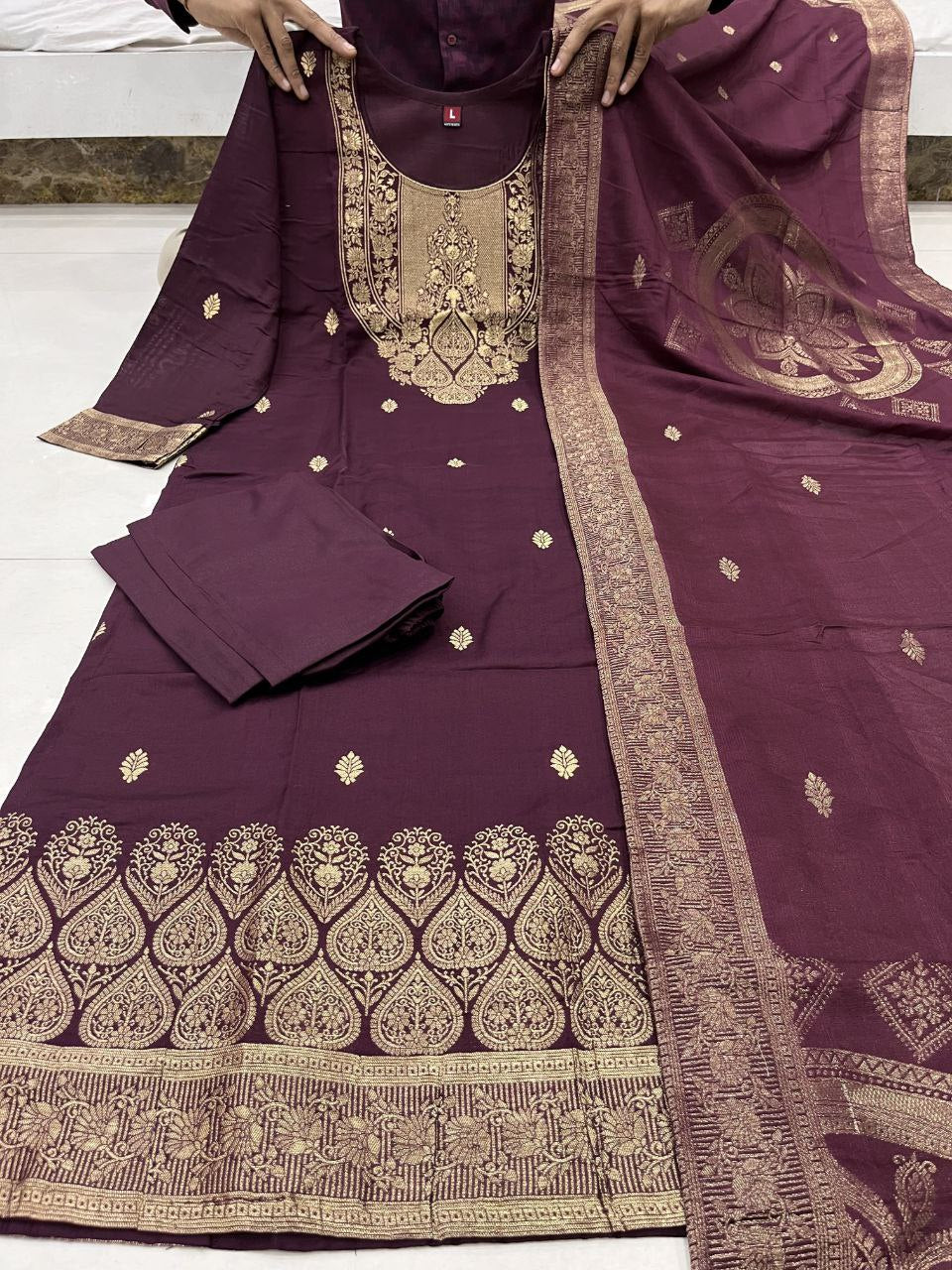 Groovy Wine Pure Heavy Designer Chanderi Silk Suit Set