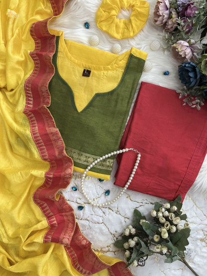 Elegant Kanchi Cotton Suit Set With Jaquard Dupatta
