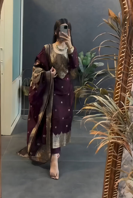 Groovy Wine Pure Heavy Designer Chanderi Silk Suit Set