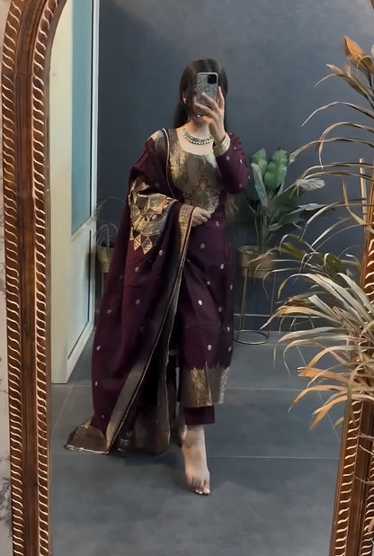 Groovy Wine Pure Heavy Designer Chanderi Silk Suit Set
