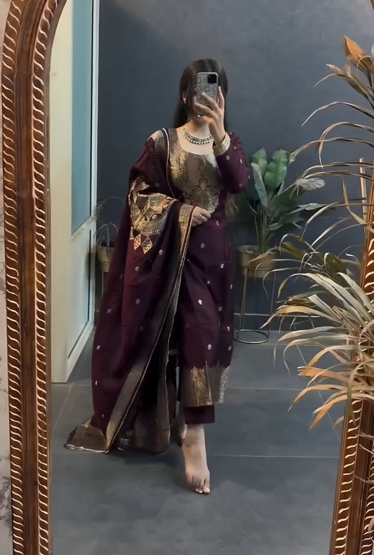 Groovy Wine Pure Heavy Designer Chanderi Silk Suit Set