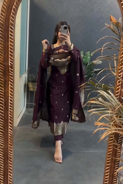 Groovy Wine Pure Heavy Designer Chanderi Silk Suit Set